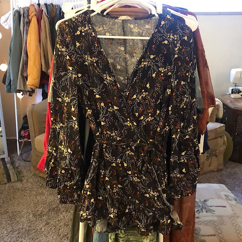 Black Floral Wrap Shirt